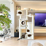 Contemporary Scandinavian 7-Tier Cat Tree with Round Solid Wood Panels, Multi-Layer Construction, Paper Rope Tubes and Corduroy Covers – Stylish Living Room Cat Furniture
