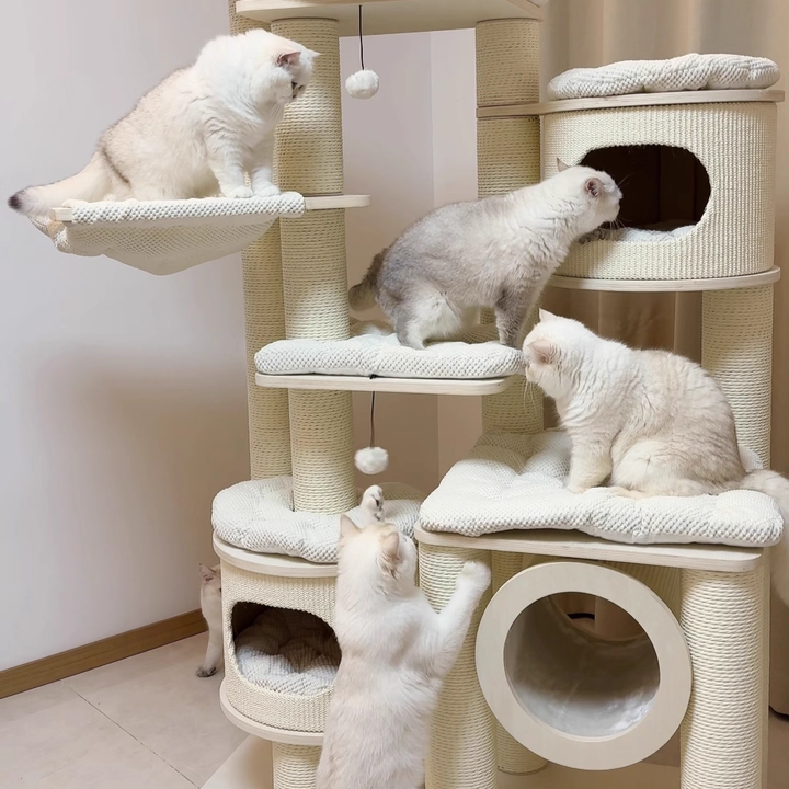 Contemporary Scandinavian 7-Tier Cat Tree with Round Solid Wood Panels, Multi-Layer Construction, Paper Rope Tubes and Corduroy Covers – Stylish Living Room Cat Furniture
