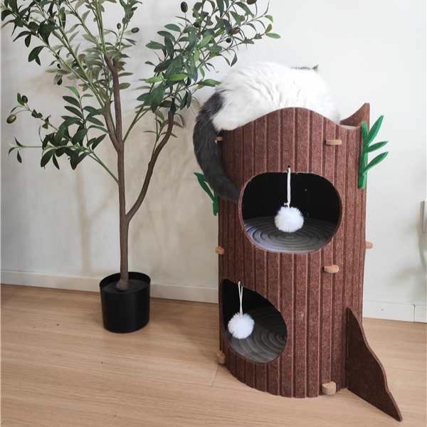 Modern Round MDF Felt Tree Stump Cat Tree, 2/3-Tier for Living Room