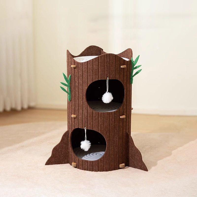 Modern Round MDF Felt Tree Stump Cat Tree, 2/3-Tier for Living Room