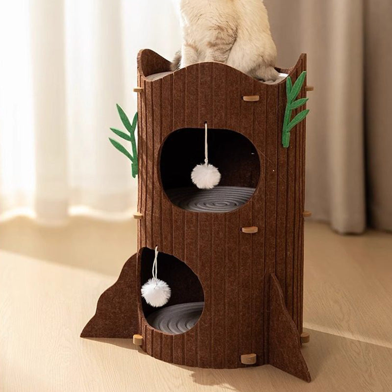 Modern Round MDF Felt Tree Stump Cat Tree, 2/3-Tier for Living Room