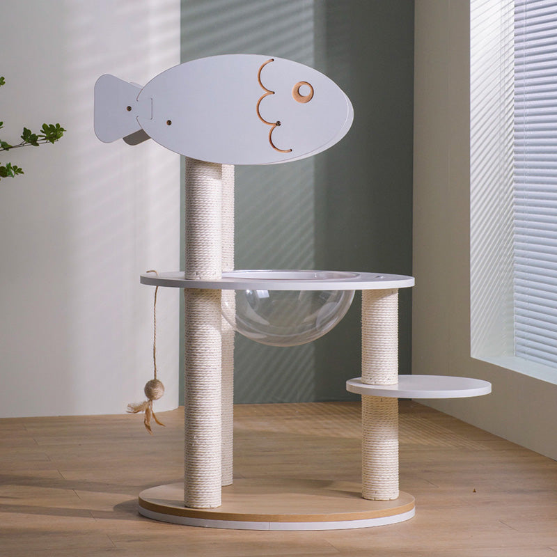 Modern Scandinavian Round Cat Tree – 3-Tier Solid Wood Panel Construction with Rope, PVC & Acrylic Accents for Living Room