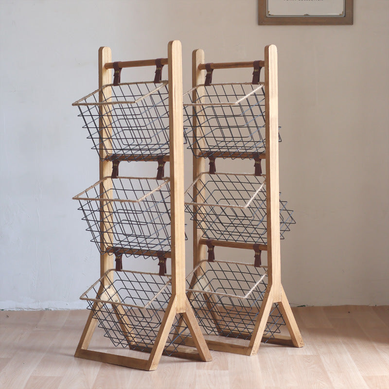 Modern Minimalist Rectangular Solid Wood Display Rack with Iron Rope Accents and 3 Baskets for Living Room