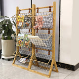 Modern Minimalist Rectangular Solid Wood Display Rack with Iron Rope Accents and 3 Baskets for Living Room
