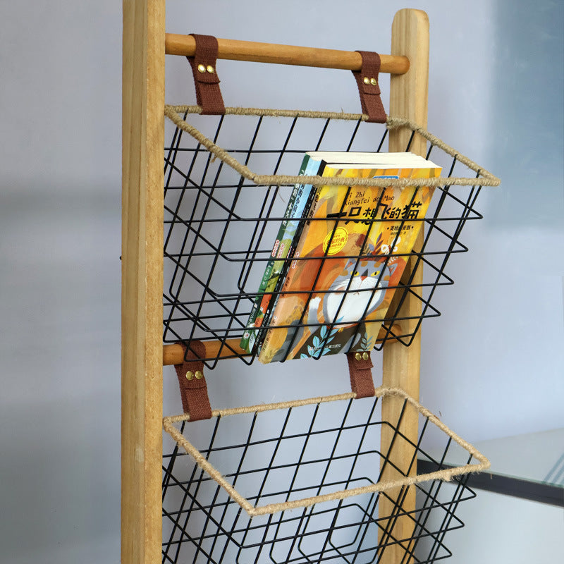 Modern Minimalist Rectangular Solid Wood Display Rack with Iron Rope Accents and 3 Baskets for Living Room