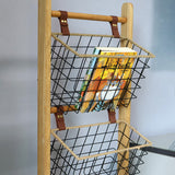 Modern Minimalist Rectangular Solid Wood Display Rack with Iron Rope Accents and 3 Baskets for Living Room
