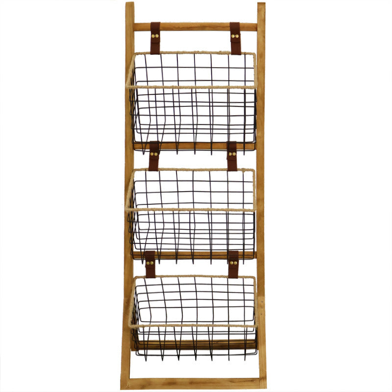 Modern Minimalist Rectangular Solid Wood Display Rack with Iron Rope Accents and 3 Baskets for Living Room
