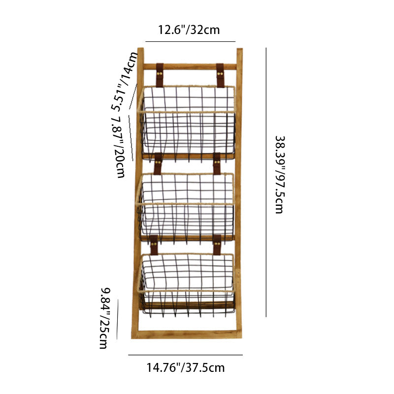 Modern Minimalist Rectangular Solid Wood Display Rack with Iron Rope Accents and 3 Baskets for Living Room