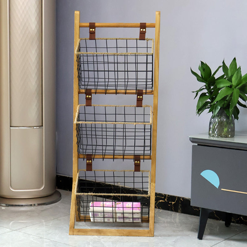 Modern Minimalist Rectangular Solid Wood Display Rack with Iron Rope Accents and 3 Baskets for Living Room