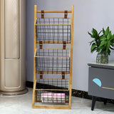 Modern Minimalist Rectangular Solid Wood Display Rack with Iron Rope Accents and 3 Baskets for Living Room