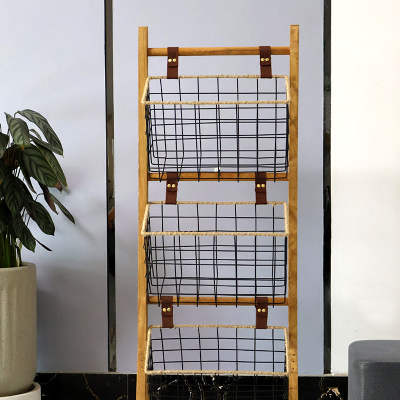 Modern Minimalist Rectangular Solid Wood Display Rack with Iron Rope Accents and 3 Baskets for Living Room
