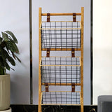 Modern Minimalist Rectangular Solid Wood Display Rack with Iron Rope Accents and 3 Baskets for Living Room