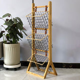 Modern Minimalist Rectangular Solid Wood Display Rack with Iron Rope Accents and 3 Baskets for Living Room