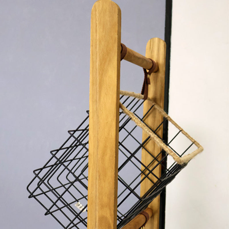 Modern Minimalist Rectangular Solid Wood Display Rack with Iron Rope Accents and 3 Baskets for Living Room