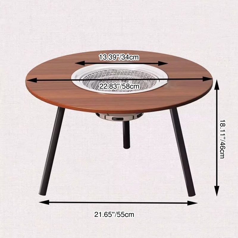 Modern Minimalist Round Outdoor Dining Table with Iron Frame, Wooden Top and Stainless Steel Accents, 3-Leg Foldable for Garden