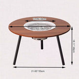 Modern Minimalist Round Outdoor Dining Table with Iron Frame, Wooden Top and Stainless Steel Accents, 3-Leg Foldable for Garden