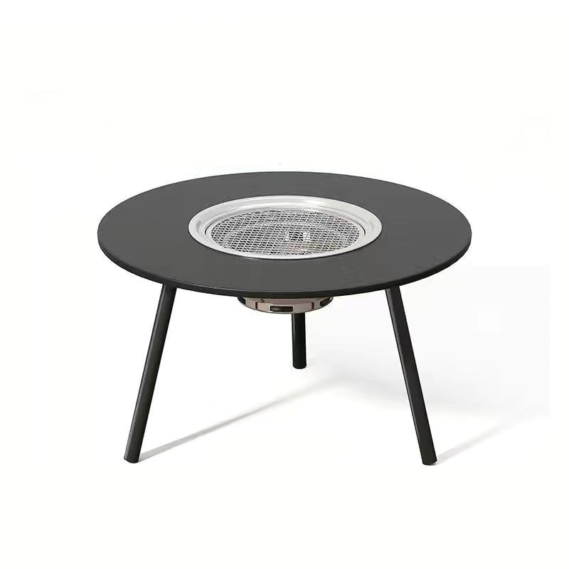 Modern Minimalist Round Outdoor Dining Table with Iron Frame, Wooden Top and Stainless Steel Accents, 3-Leg Foldable for Garden