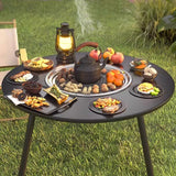 Modern Minimalist Round Outdoor Dining Table with Iron Frame, Wooden Top and Stainless Steel Accents, 3-Leg Foldable for Garden