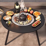 Modern Minimalist Round Outdoor Dining Table with Iron Frame, Wooden Top and Stainless Steel Accents, 3-Leg Foldable for Garden