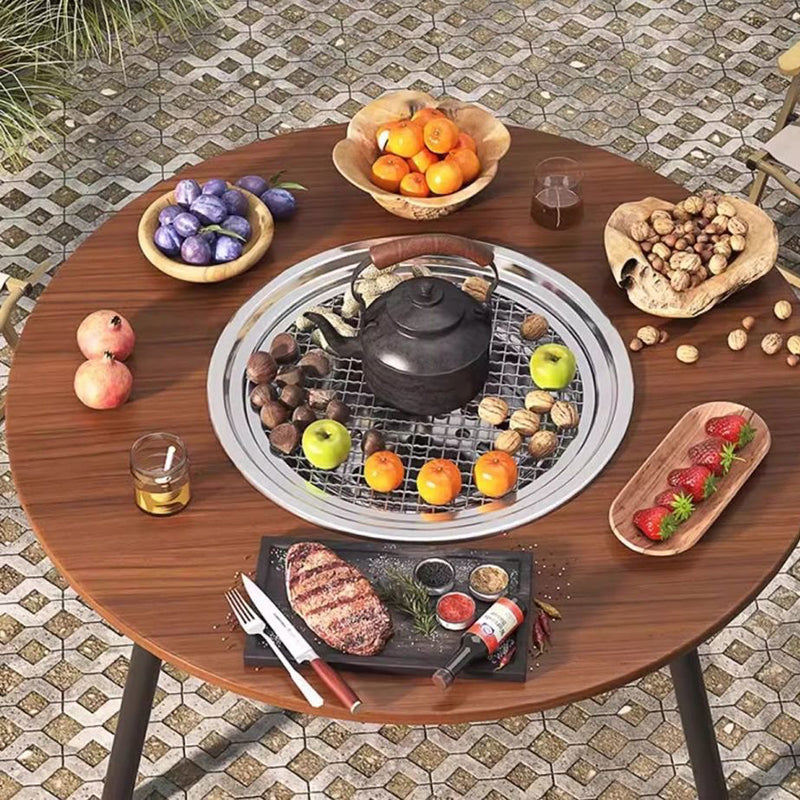 Modern Minimalist Round Outdoor Dining Table with Iron Frame, Wooden Top and Stainless Steel Accents, 3-Leg Foldable for Garden