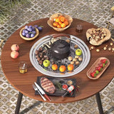 Modern Minimalist Round Outdoor Dining Table with Iron Frame, Wooden Top and Stainless Steel Accents, 3-Leg Foldable for Garden