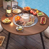 Modern Minimalist Round Outdoor Dining Table with Iron Frame, Wooden Top and Stainless Steel Accents, 3-Leg Foldable for Garden
