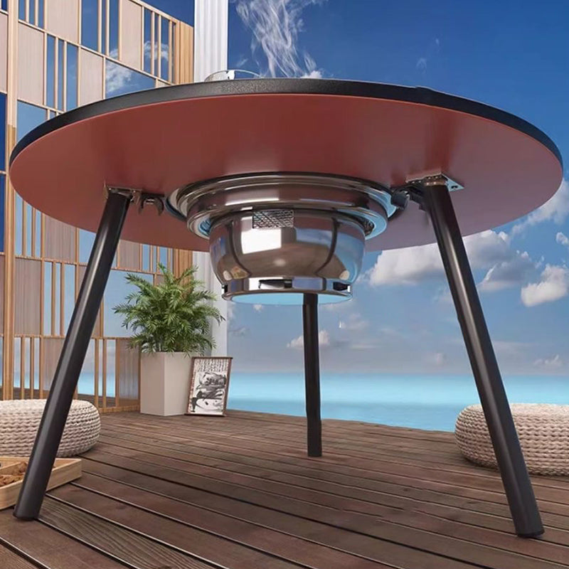 Modern Minimalist Round Outdoor Dining Table with Iron Frame, Wooden Top and Stainless Steel Accents, 3-Leg Foldable for Garden
