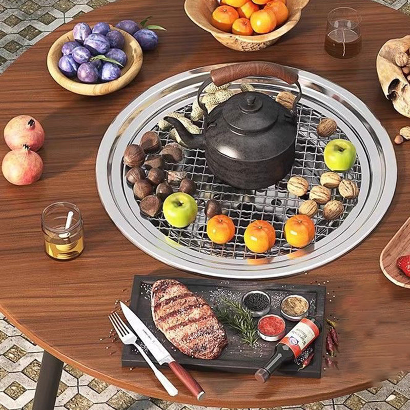 Modern Minimalist Round Outdoor Dining Table with Iron Frame, Wooden Top and Stainless Steel Accents, 3-Leg Foldable for Garden