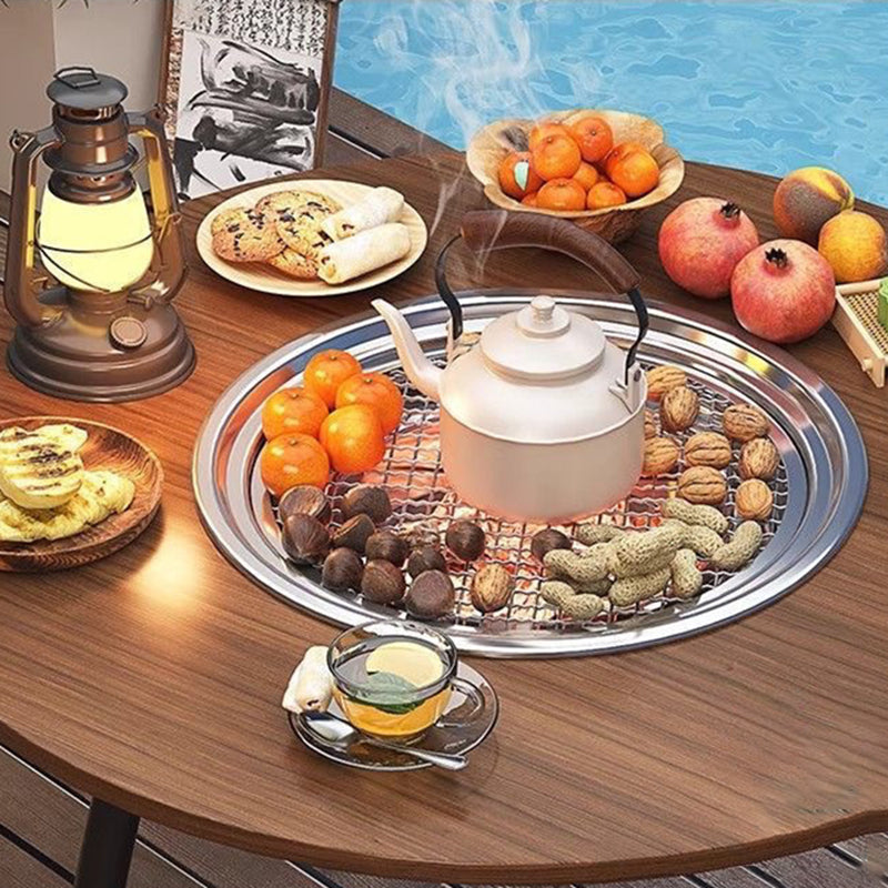 Modern Minimalist Round Outdoor Dining Table with Iron Frame, Wooden Top and Stainless Steel Accents, 3-Leg Foldable for Garden