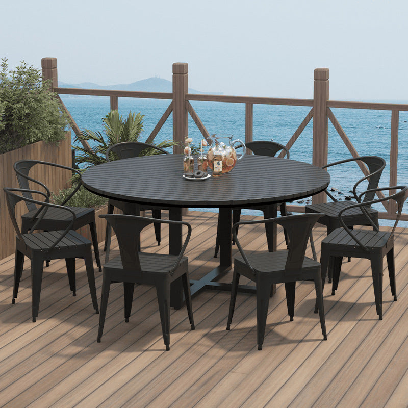 Modern Minimalist Round Outdoor Dining Table - Iron and Composite Wood, 4-Leg Garden Table