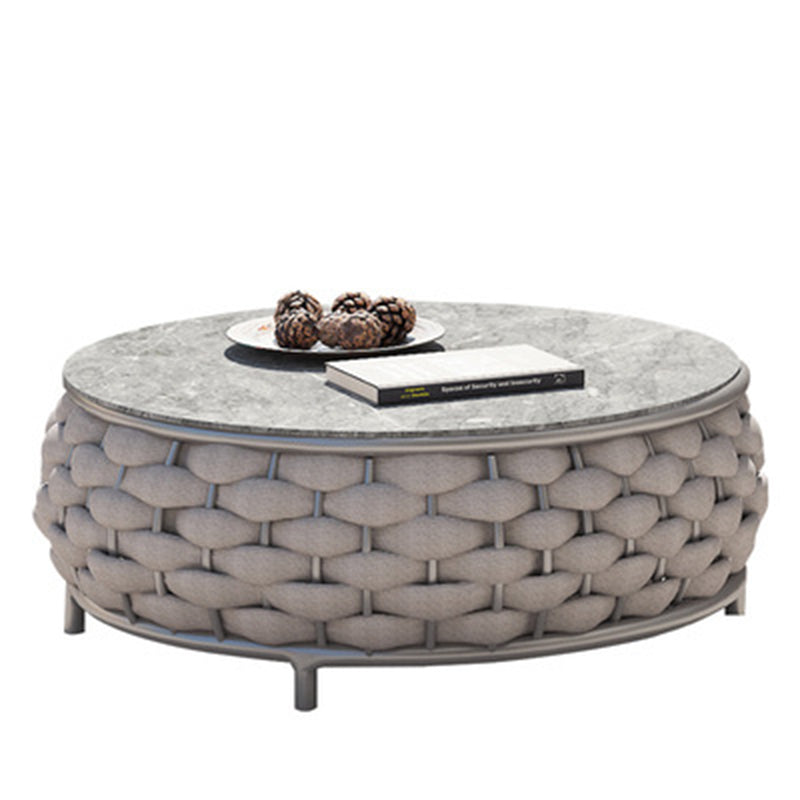 Modern Minimalist Round Aluminum Alloy Outdoor Coffee Table with PE Rattan Fabric and Stone Slab for Garden