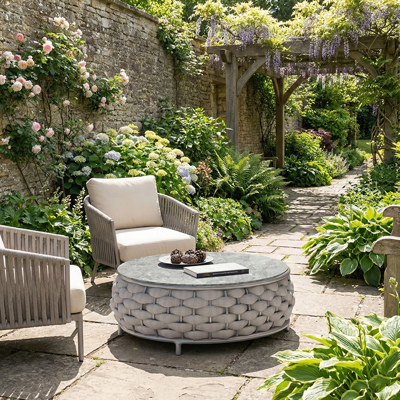 Modern Minimalist Round Aluminum Alloy Outdoor Coffee Table with PE Rattan Fabric and Stone Slab for Garden