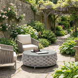 Modern Minimalist Round Aluminum Alloy Outdoor Coffee Table with PE Rattan Fabric and Stone Slab for Garden
