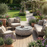 Modern Minimalist Round Aluminum Alloy Outdoor Coffee Table with PE Rattan Fabric and Stone Slab for Garden