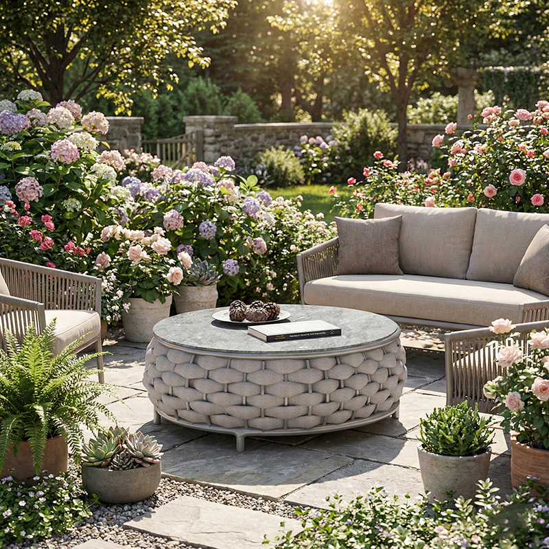 Modern Minimalist Round Aluminum Alloy Outdoor Coffee Table with PE Rattan Fabric and Stone Slab for Garden
