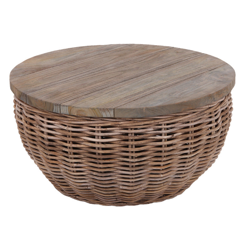 Elegant Vintage Round Rattan Coffee Table - Solid Wood, Hand-Woven, Rustic Charm, Durable Craftsmanship, Timeless Style for Living Room & Veranda