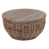 Elegant Vintage Round Rattan Coffee Table - Solid Wood, Hand-Woven, Rustic Charm, Durable Craftsmanship, Timeless Style for Living Room & Veranda