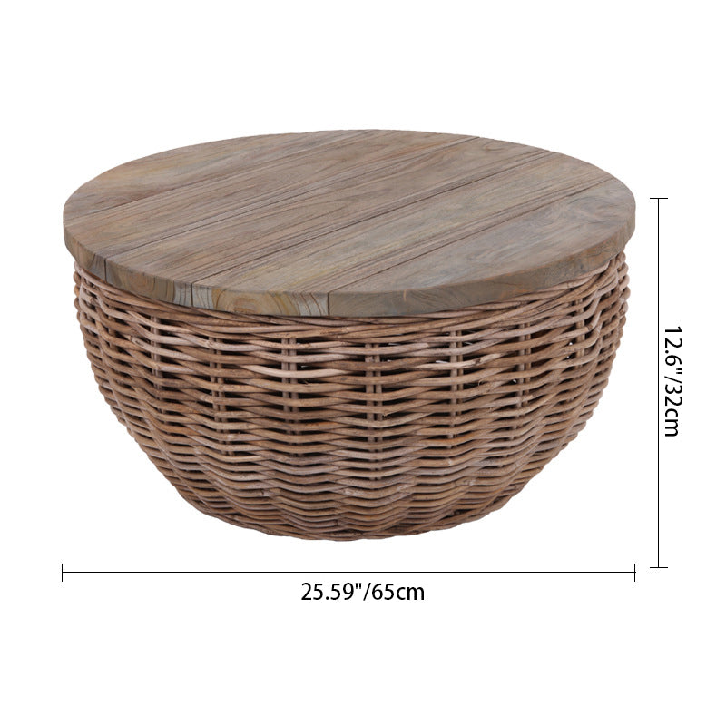 Elegant Vintage Round Rattan Coffee Table - Solid Wood, Hand-Woven, Rustic Charm, Durable Craftsmanship, Timeless Style for Living Room & Veranda