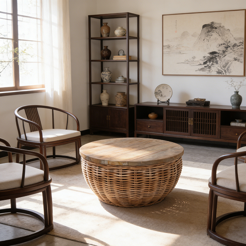 Elegant Vintage Round Rattan Coffee Table - Solid Wood, Hand-Woven, Rustic Charm, Durable Craftsmanship, Timeless Style for Living Room & Veranda