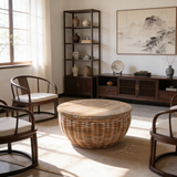 Elegant Vintage Round Rattan Coffee Table - Solid Wood, Hand-Woven, Rustic Charm, Durable Craftsmanship, Timeless Style for Living Room & Veranda