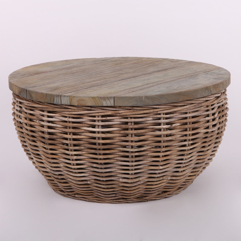 Elegant Vintage Round Rattan Coffee Table - Solid Wood, Hand-Woven, Rustic Charm, Durable Craftsmanship, Timeless Style for Living Room & Veranda