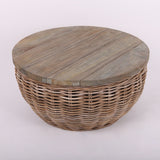 Elegant Vintage Round Rattan Coffee Table - Solid Wood, Hand-Woven, Rustic Charm, Durable Craftsmanship, Timeless Style for Living Room & Veranda