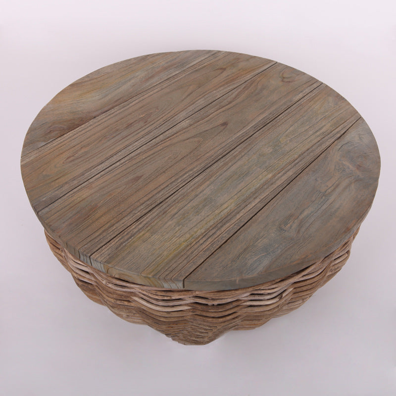 Elegant Vintage Round Rattan Coffee Table - Solid Wood, Hand-Woven, Rustic Charm, Durable Craftsmanship, Timeless Style for Living Room & Veranda