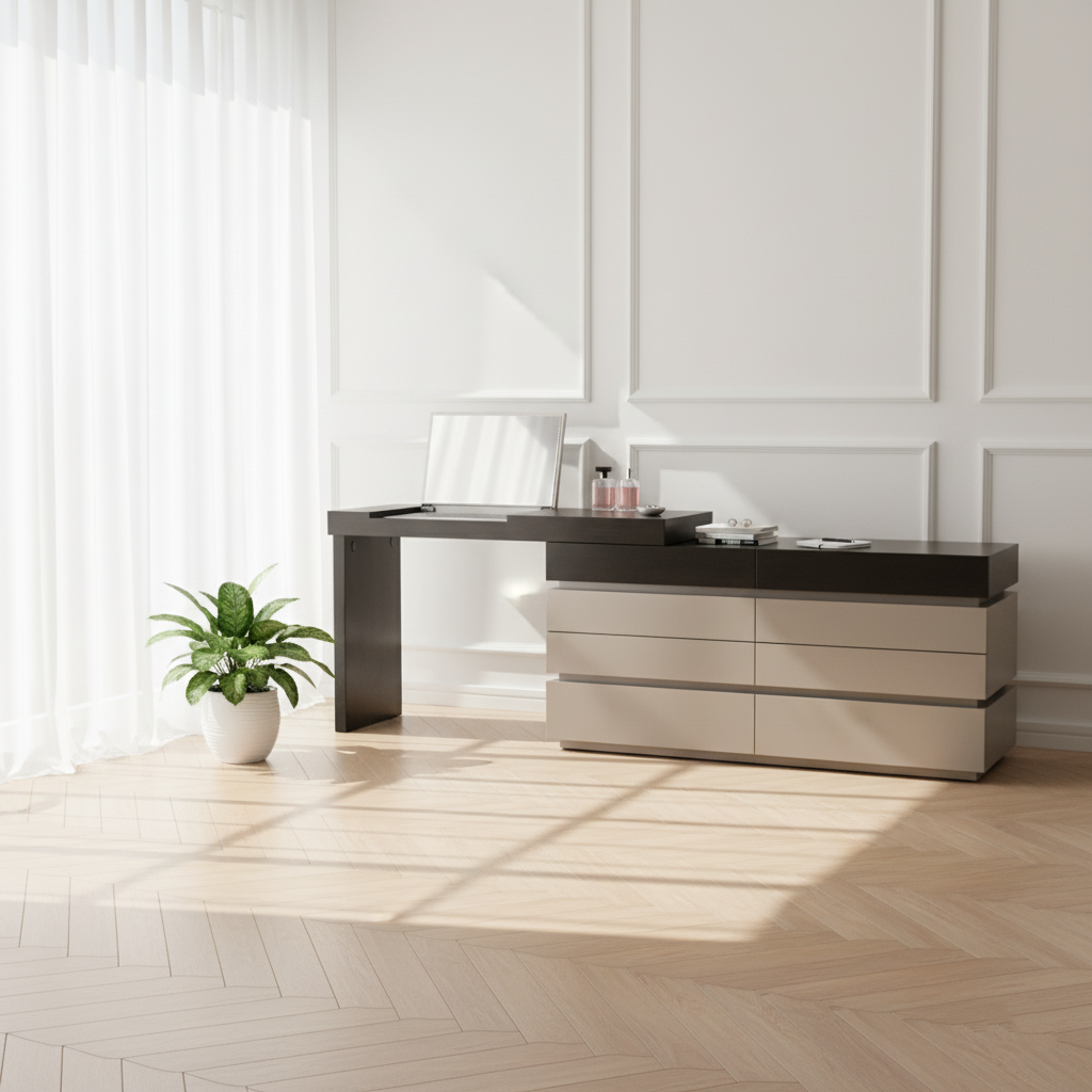 Modern Minimalist Rectangular Makeup Vanity — Multi-Layer Solid Wood Build, Sturdy & Eco-Friendly with Natural Clear Grain, Efficient Storage, Space-Saving & Easy-Clean Surface for Living Room & Bedroom