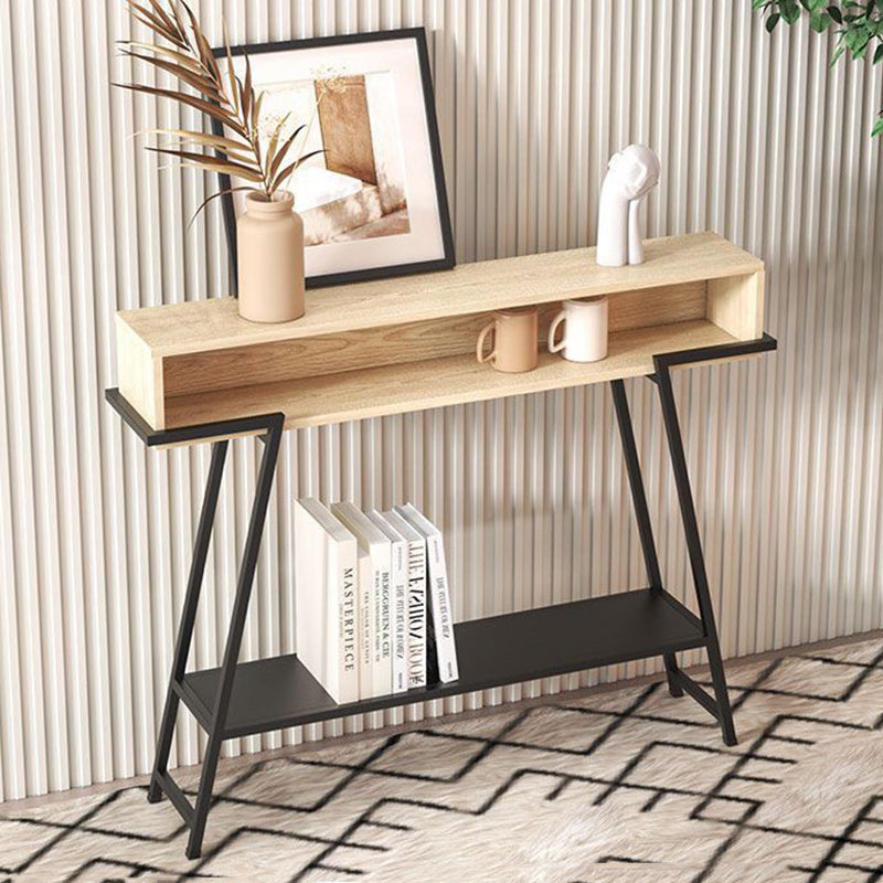 Sleek Modern Minimalist Solid Wood Console Table with Iron Frame, 3-Tier Rectangular Storage for Entryways