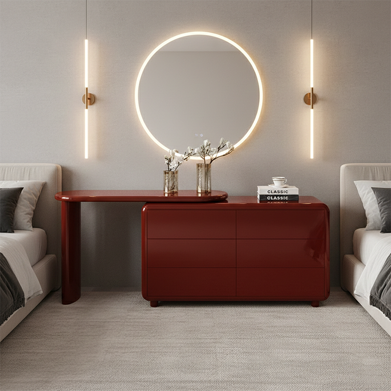 Chic Red 6-Drawer Makeup Vanity with Nordic Design – Durable MDF & Solid Wood Particle Board for the Bedroom