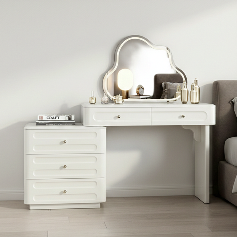 Nordic-Style Adjustable Makeup Vanity - White, Sturdy MDF & Solid Wood Particle Board with 5 Drawers