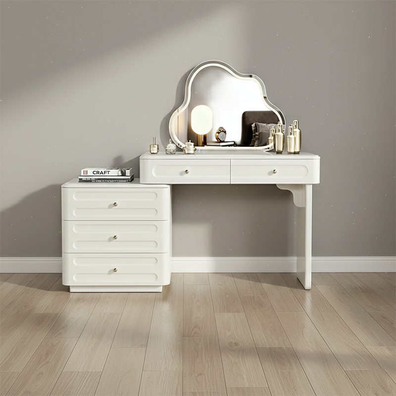 Nordic-Style Adjustable Makeup Vanity - White, Sturdy MDF & Solid Wood Particle Board with 5 Drawers