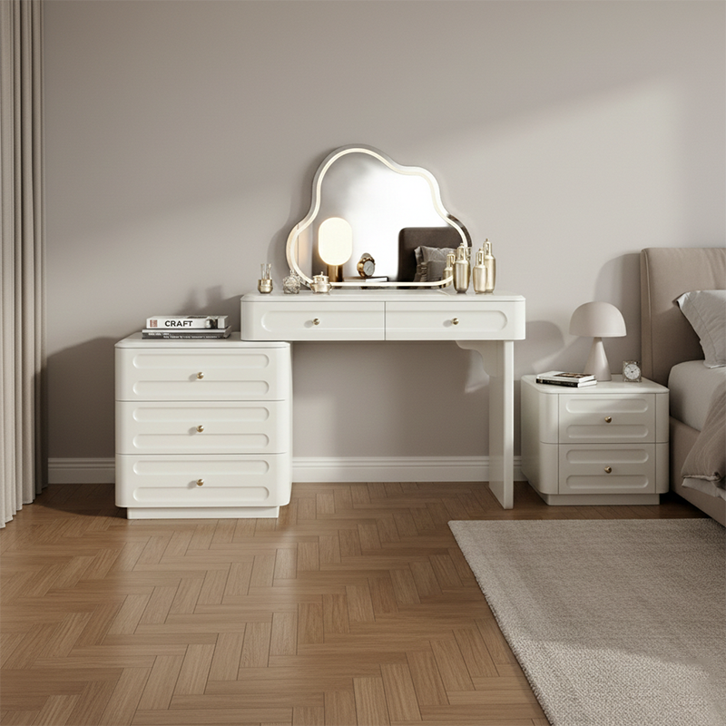 Nordic-Style Adjustable Makeup Vanity - White, Sturdy MDF & Solid Wood Particle Board with 5 Drawers