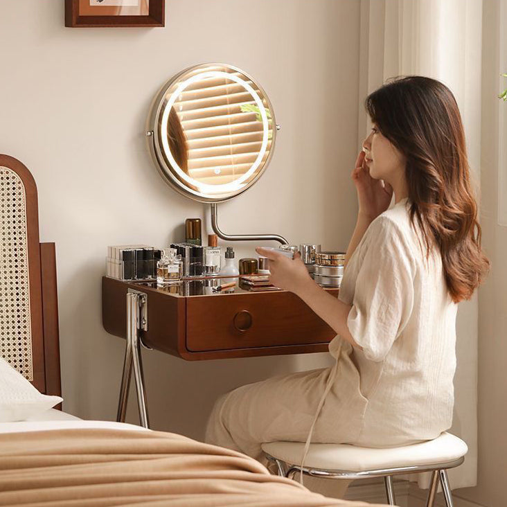 Contemporary Retro Solid Wood Vanity with Stainless Steel & Glass - Rectangular 1-Drawer Makeup Table for Bedroom